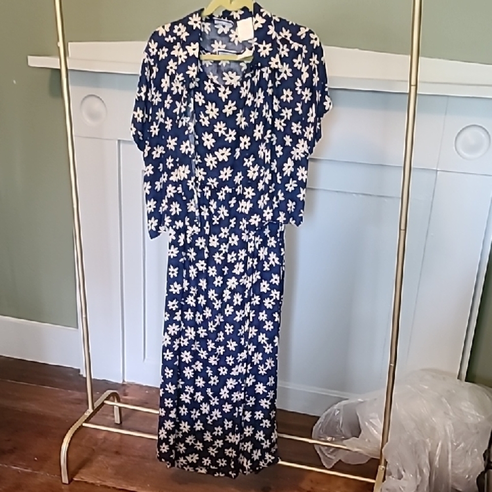 Blue and White Maxi Dress with Flutter Sleeves and V-Neck